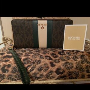 Michael Kors Brown Signature Wallet with Green & Cream Center Stripe